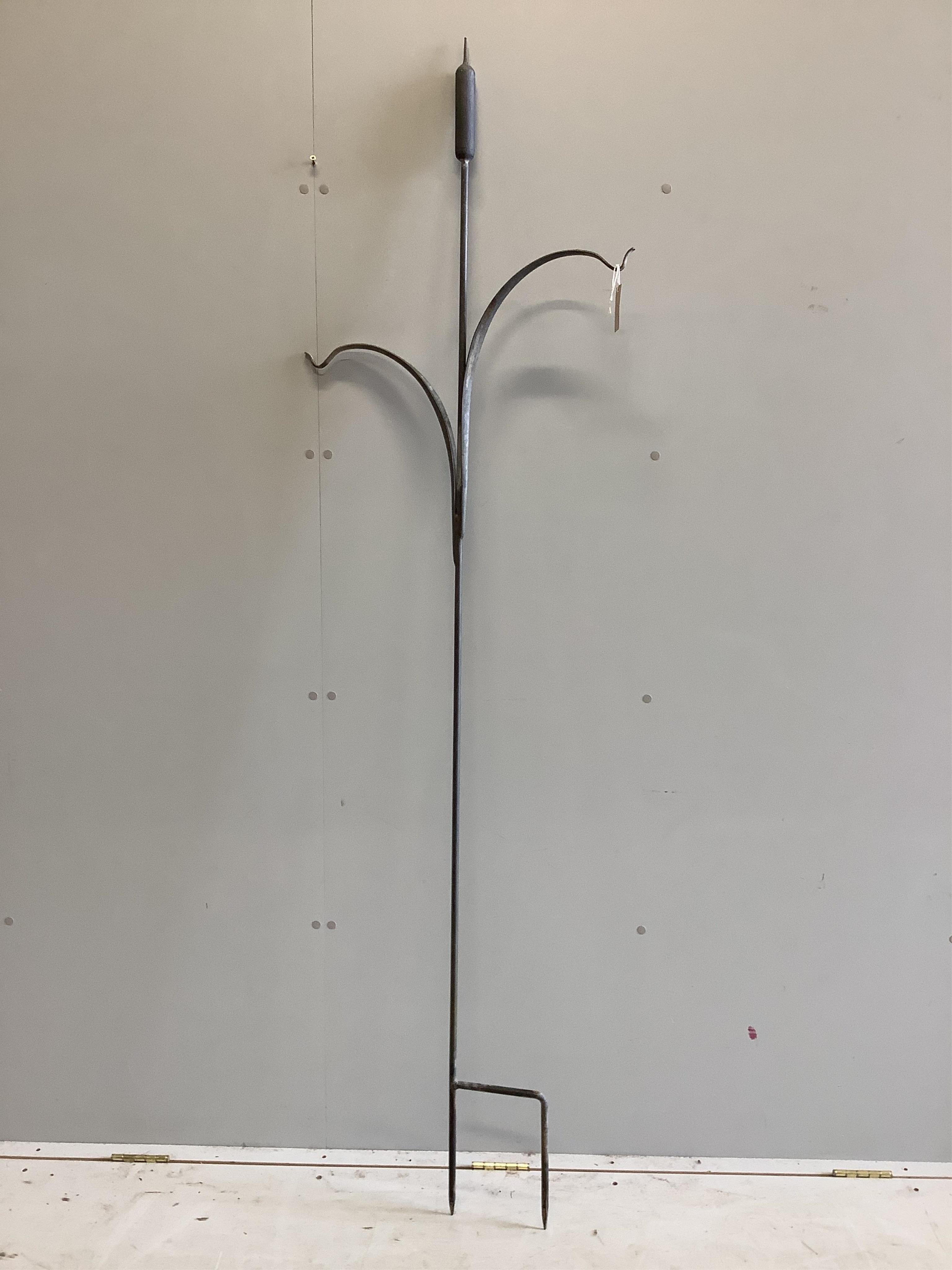 Two Ian Gill forged steel bulrush and reed garden sculptures, (one a bird feeder stand), larger height 200cm. Condition - good